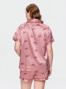 Bonmuse Plus Size Women Bowknot Striped Print Short Sleeve Shorts Pajama Set - Red - View 2