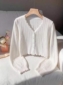 SHEIN Tween Girl Tween Girl Knit Textured Cardigan Jacket Sun Protection Cardigan Cable Knit Cardigan Jacket Children's Jacket Fall/Winter Outfits - White - View 8