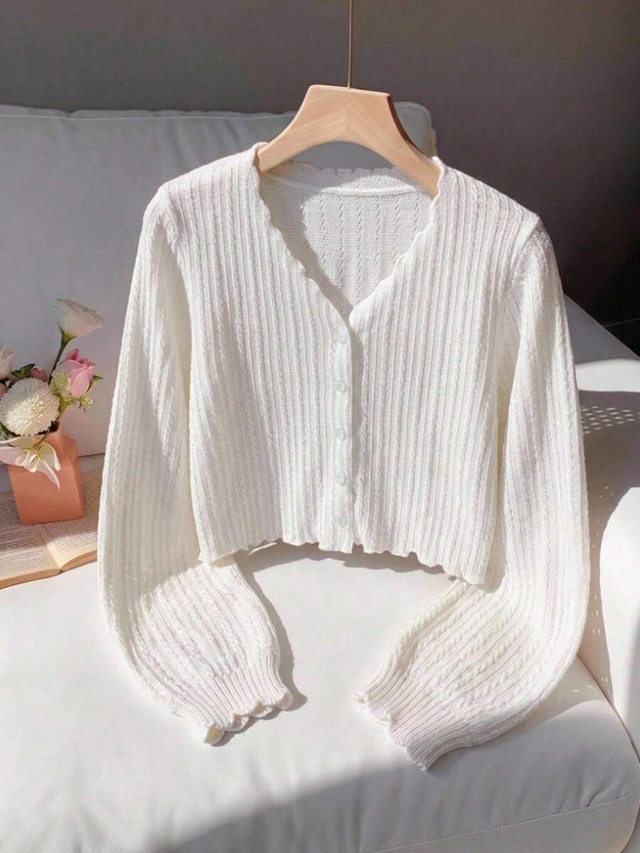 SHEIN Tween Girl Tween Girl Knit Textured Cardigan Jacket Sun Protection Cardigan Cable Knit Cardigan Jacket Children's Jacket Fall/Winter Outfits - White - View 1