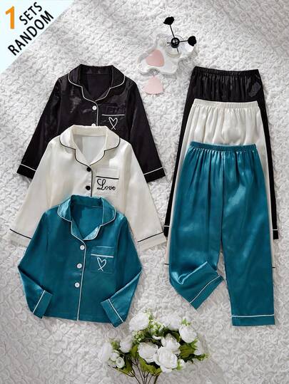 Souflis Souflis Đồ ngủ nữ, áo cardigan dài tay satin màu trơn phong cách tối giản có túi thêu chữ LOVE kèm quần dài, đồ mặc nhà thường ngày, 3 bộ giao ngẫu nhiên, 1 bộ hộp mù bất ngờ