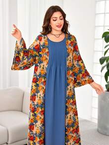 Lacomfia Vestido casual con estampado, patchwork y unicolor, manga 3/4, corte holgado regular, talla grande para primavera/verano - Multicolor - Ver 5