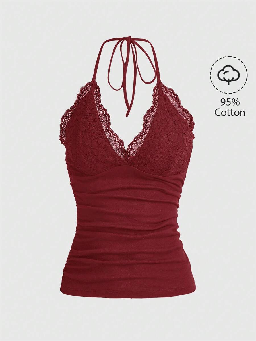 ROMWE PUNK Top halter con encaje en contraste fruncido - Burdeos - Ver 1