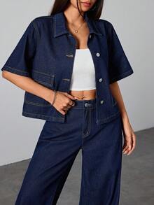 SHEIN PETITE 女款深藍色牛仔襯衫翻領短袖上衣 夏季牛仔套裝 辦公穿搭 學院風 女士夏季襯衫 小個子女款 - 深色水洗藍 - 查看 2