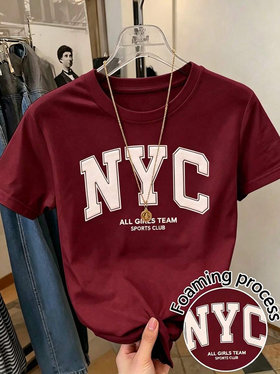 Resyla 復古美式風格 NYC 字母泡泡印花圓領 T 恤,酒紅色基礎休閒上衣,NYC 泡泡印花復古短袖上衣 - 酒紅色 - 查看 1