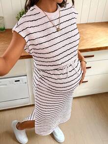 SHEIN 孕婦條紋休閒日常夏季洋裝 - 粉色 - 查看 4