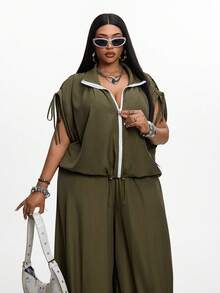Mawevolt Plus Size Women's Zipper Top And Wide Leg Pants Casual Daily 2 Pieces Set - Army Green - View 4
