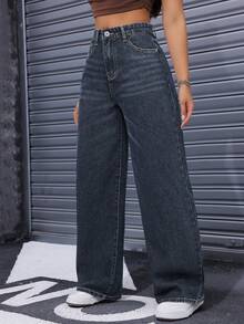 SHEIN PETITE 休閒水洗直筒牛仔褲 - 深色水洗藍 - 查看 3