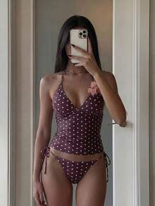 Bonvoyette 春夏數位印花無鋼圈細肩帶背心上衣與側綁帶比基尼泳褲女款海灘度假泳裝比基尼套裝 - 棕色 - 查看 5