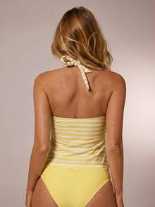 SHEIN Forever 21 Ținute de vacanță la plajă, costume de baie din două piese pentru femei, haine de vacanță pentru femei, un set de costume de baie din două piese, cu dungi verzi, blocante de culoare - Lumină galbenă - Vizualizare 2