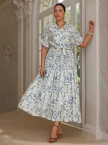 VOLUPTÉ CURVE Plus Size Women's Spring/Summer Blue And White Floral Lace Trim Shirt Collar Short Sleeve Maxi Skirt Set, Elegant A-Line Work Brunch Vacation Set - Blue - View 6