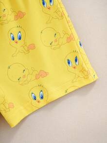 LOONEY TUNES X SHEIN Baby Girl Cartoon Print Round Neck Short Sleeve T-Shirt And Shorts Set - Yellow - View 6