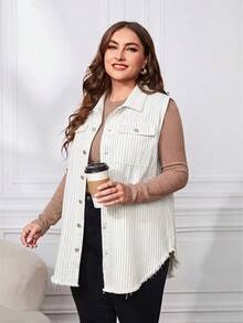 EMERY ROSE Plus Size Striped Colorblock Frayed Edge Single-Breasted Double Pocket Denim Vest Jacket - Black and White - View 2