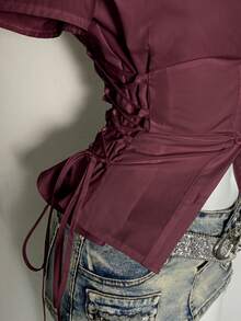 Attitoon Y2K Back To School  Solid Color Pleated Casual Versatile Daily Wear Shirt - Burgundy - View 7
