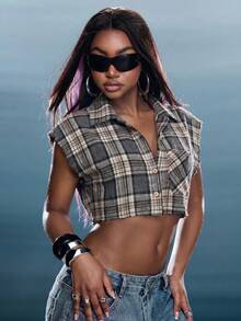 Denimoi Boxy Crop Top Plaid Collared With Raw Edges Fashionable Streetwear Grunge Everyday Daytime Grey Plaid Summer Going Out - Grey - View 6