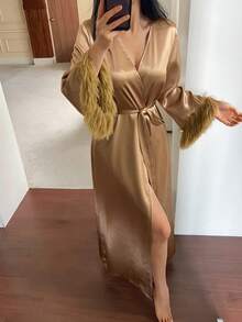 Livesso 女款毛絨拼接性感休閒家居睡袍 秋季 - 卡其色 - 查看 4