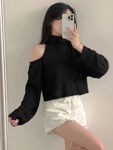 DAZY 女款純色露肩長袖休閒短版T恤 - 黑色 - 查看 7