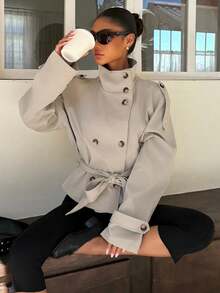 Muchica Women's Solid Color Stand Collar Waist Tie Fashion Versatile Daily Casual Trench Coat Jacket - Brown - View 4