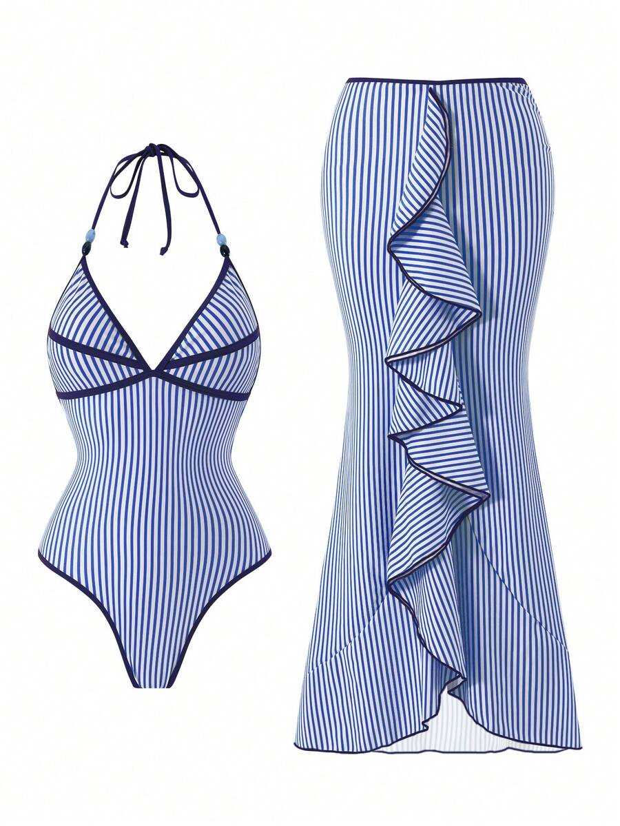 Sunnyshic Premium Striped Print Colorblock Spaghetti Strap Halter One-Piece Swimsuit With Extended Striped Skirt 2 Pieces Set - Blue - View 1