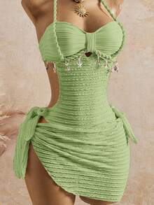 Bellisia 26SS Spring/Summer Vacation Apricot Vintage Square Neck Slimming Braided Rope Starfish Shell Halter One-Piece Swimsuit With Matching Skirt 2 Pieces Set - Green - View 3