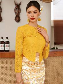 EastFlair Women's Lace Long Sleeve Top And Floral Pattern Skirt Elegant Two Pieces Set Wedding Mother Of The Bride Christening Yellow Summer - Multicolor - View 5