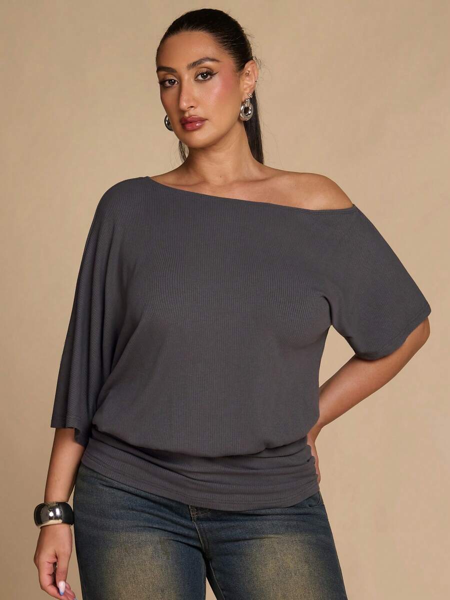 SHEIN BAE CURVE A Charcoal-Grey, Casual, Off-The-Shoulder, Asymmetrical T-Shirt-An Elegant Top Perfect For Autumn Evening Events, Formal Wedding Guest Attire, - Grey - View 1