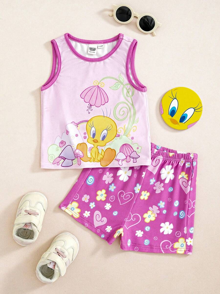 LOONEY TUNES X SHEIN Baby Girl Cartoon Print Round Neck Tank Top And Floral Print Shorts Set - Pink - View 1