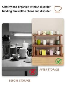 1‑Pack Vintage Solid Wood Desktop Storage Rack, Retro Multi‑Layer Cosmetic Organizer, Multipurpose Home Shelf. Suitable For Storing Kitchen Condiments, Water Cups, Mugs And Coffee Cups. - Multicolor - View 7