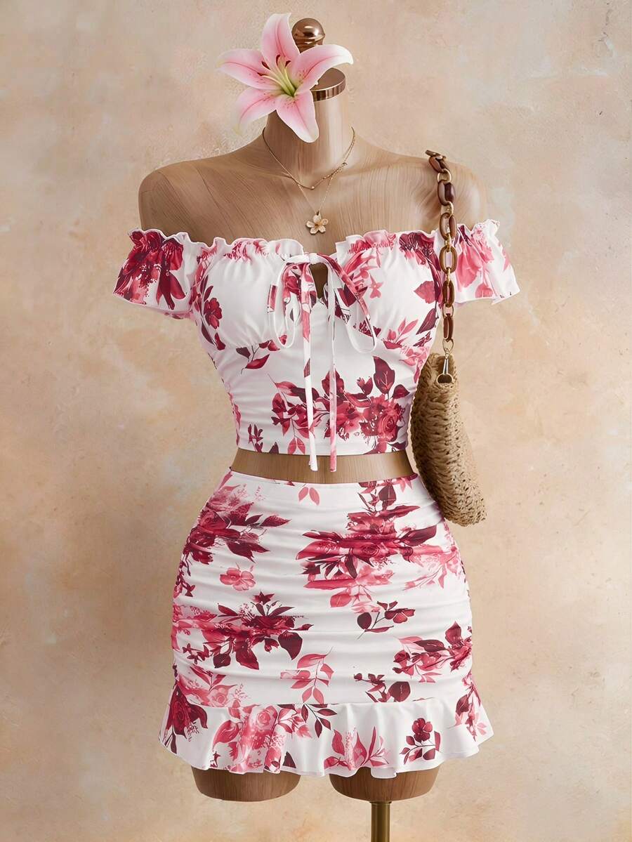 Roelina 女款新款印花夏季荷葉邊綁帶兩件套,度假風抓皺細肩帶短版上衣,性感抓皺迷你荷葉邊短裙兩件套,綁帶抓皺性感上衣,適合度假、旅行與約會 - 粉色 - 查看 1