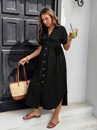 SHEIN Maternity Vacation Casual Solid Color Front Button Dress