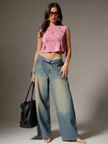 Denimoi Rhinestone Cross Charms Cropped Low Armhole Tank Top, Fashionable, Crop Top - Pink - View 8