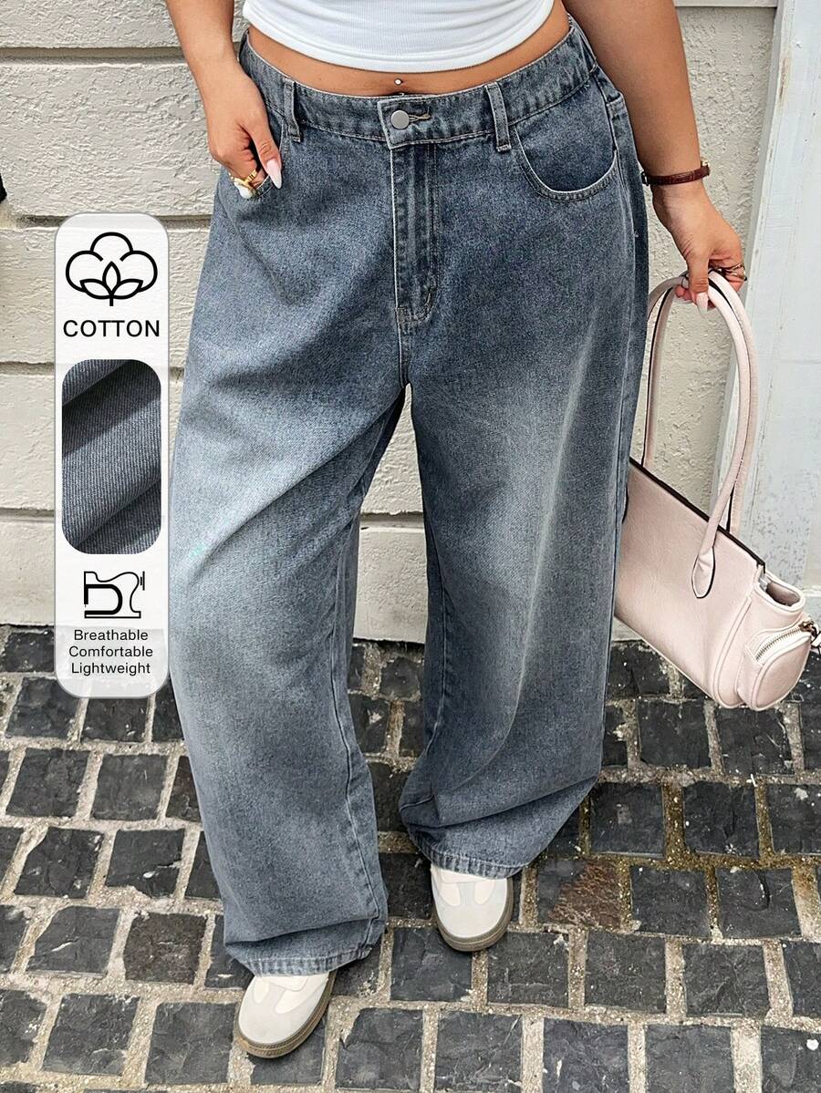 Dazy Plus Washed Distressed Loose Street Style Long Wide Leg Jeans, Blogger Casual Versatile Outing Grey Plus Size Women All Season Autumn New Arrival - Grey - View 1