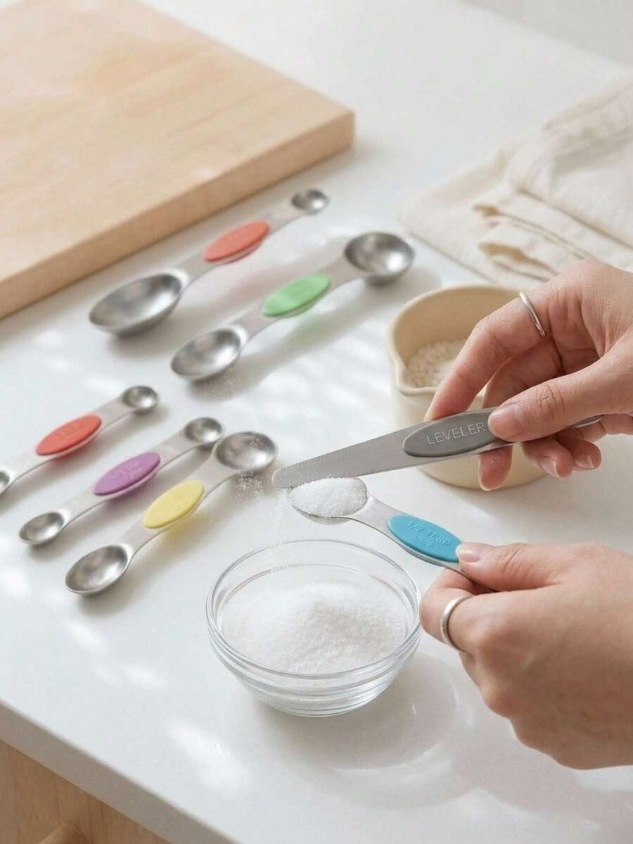 Madebyblanc 7件組不鏽鋼磁吸量匙套組，雙面設計、可堆疊、可調節茶匙與湯匙量匙附平整器，廚房小工具 - 彩色 - 查看 1