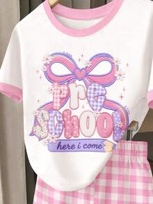 女童休閒返校季貼布繡可愛字母「Pre-School, Here I Come!」圓領短袖T恤與休閒格紋短褲兩件套，適合日常、校園、返校季穿著 - 白色 - 查看 4