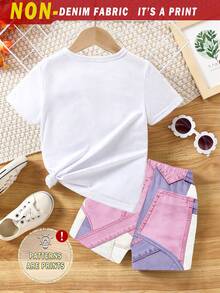 Conjunto básico de camiseta corta y pantalones cortos para bebé niña con lazo rosa y estampado patchwork de cerezas, estilo minimalista fresco - Multicolor - Ver 2