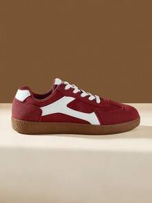 CUCCOO EASI 女款繫帶拼接圓頭平底休閒運動鞋，簡約舒適，適合日常戶外休閒，PU皮革咖啡棕色 - 酒紅色 - 查看 2