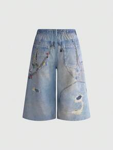 ROMWE Plus Size Women's Distressed Washed Chain & Badge Print Wide Leg Jeans - Blue - View 2