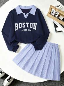 2件組青少年女孩返校季美式大學風條紋格紋拼色字母印花襯衫 - 藏蓝色 - 查看 1