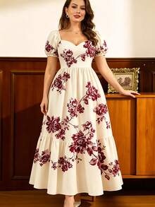 Auvina Vestido Elegante Feminino Plus Size com Decote Quadrado, Cintura Marcada, Estampa Floral e Silhueta A, Vestido Feminino, Vestido de Verão, Elegante para Encontro, Festa, Aniversário - Multicolorido - Visão 4