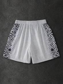 ROMWE MEN Men's Leopard Print Drawstring Waist Loose Shorts - Grey - View 3