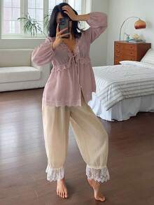 DAZY Women's Solid Color Contrast Lace Front Tie Long Sleeve Top And Pants Pajama Set - Apricot - View 4