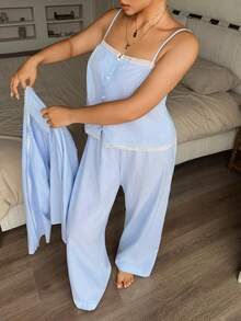Dazy Plus Setelan Piyama Biru Musim Semi/Musim Panas, Model Kasual Bergaris untuk Pakaian Rumah, Atasan Camisole Lengan Panjang, Cardigan, dan Celana. - Baby Blue - View 5