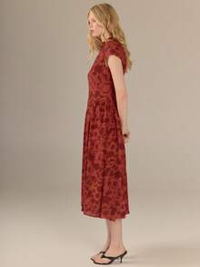 KÆRIA Hus 垂墜式短袖中長洋裝－空氣喬其絨－紅玫瑰印花－花卉印花，女性化，婚禮 - 彩色 - 查看 5