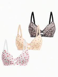 3pcs Women Plus Size Solid Color, Heart, Strawberry, Leopard Print Underwire Comfortable Bras, Lift - Multicolor - View 2
