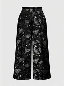ROMWE Goth 哥德風暗黑蛾蝶月亮太陽星星印花大尺碼女款長褲 - 黑色 - 查看 1