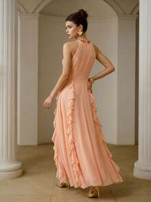 ZEYLAH Vestido elegante de mujer con cuello halter, volantes y bordado - Rosa coral - View 5