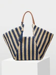 MOTF WOMEN'S FASHION BLUE STRIPED TOTE BAG, CASUAL VACATION WOVEN HANDBAG FOR VACATION, TRAVEL, SEASIDE, BEACH, BOHEMIA - Royal Blue - View 3
