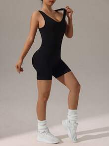 SHEIN Dewbera Solid Color Backless Sleeveless Fitted Athletic Romper - Black - View 5