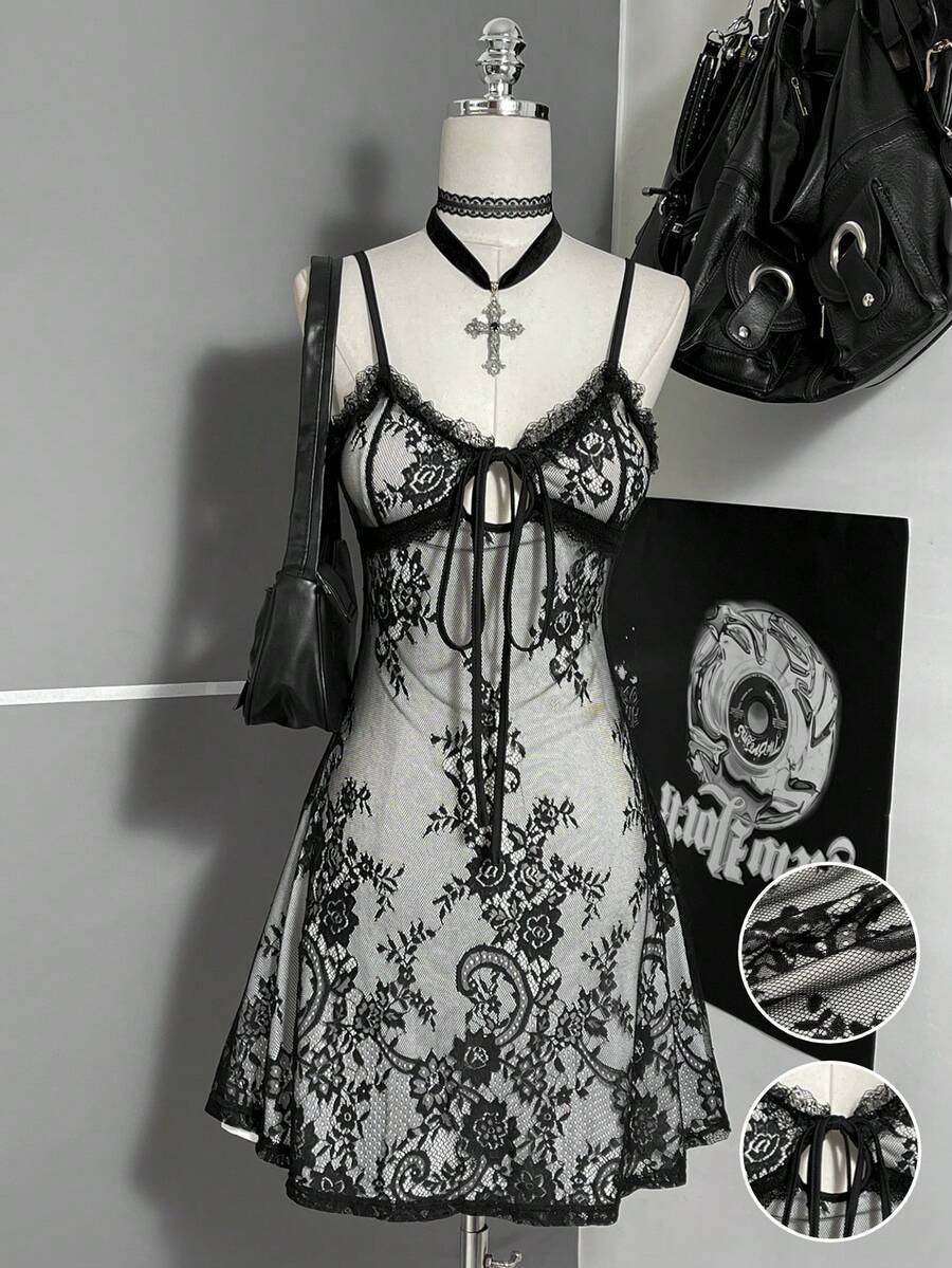 Attitoon Women's Lace Patchwork Sexy Sheer Mini Cami Dress For Dating And Outings - Black and White - View 1