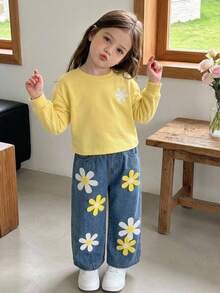 LMoss Kids 女嬰可愛秋冬黃色長袖運動衫與鬆緊腰長褲2件套 - 彩色 - 查看 6