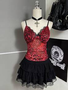 Attitoon Regata Feminina Ajustada com Patchwork de Renda e Estampa de Leopardo, Versátil e Casual - Vermelho - Visão 5